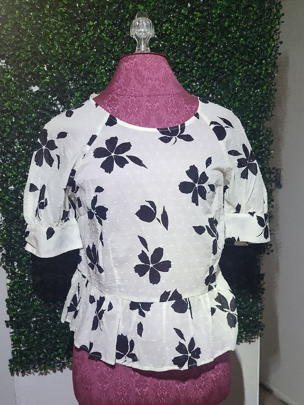 POPSUGAR White Peplum Blouse with Black Floral Print